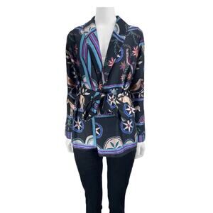 NWOT Patbo Black Retro Horse Print Collared Button Tie Waist Blouse L